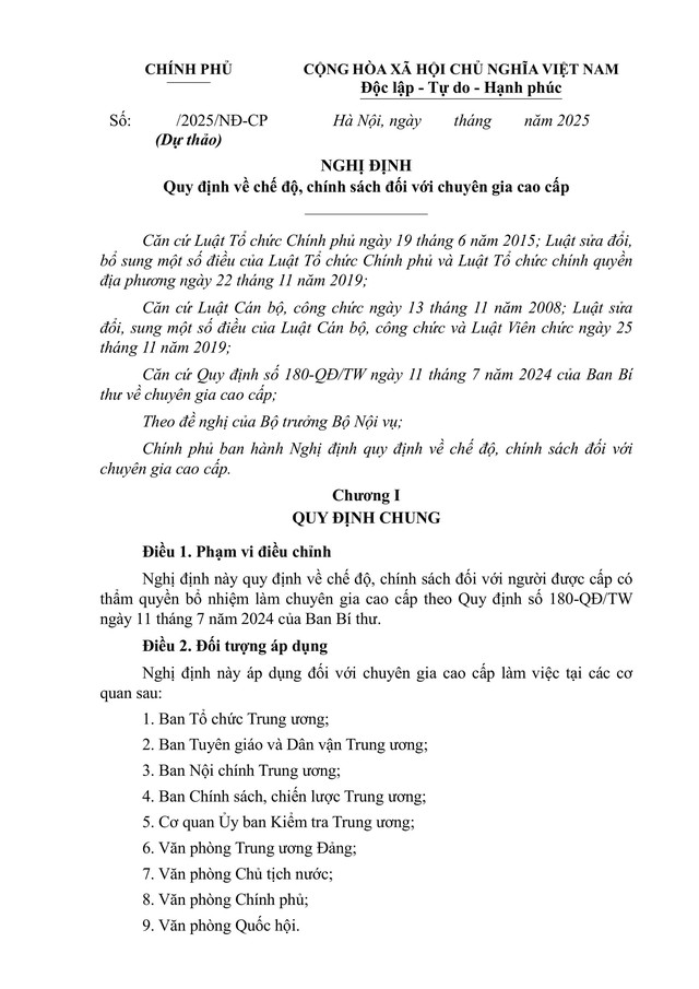 TOÀN VĂN: Dự thảo Nghị định quy định về chế độ, chính sách đối với chuyên gia cao cấp- Ảnh 1.