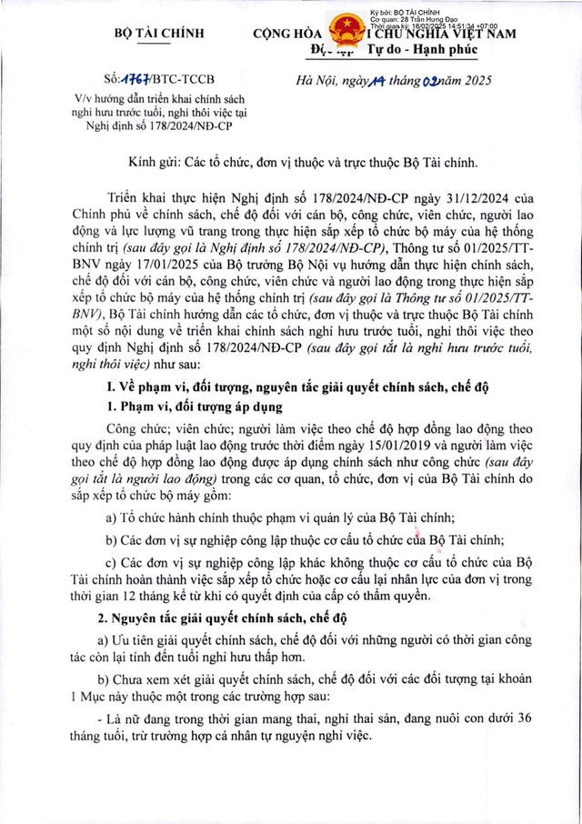 Bộ Tài chính hướng dẫn triển khai chính sách nghỉ hưu trước tuổi, nghỉ thôi việc tại Nghị định 178- Ảnh 1.