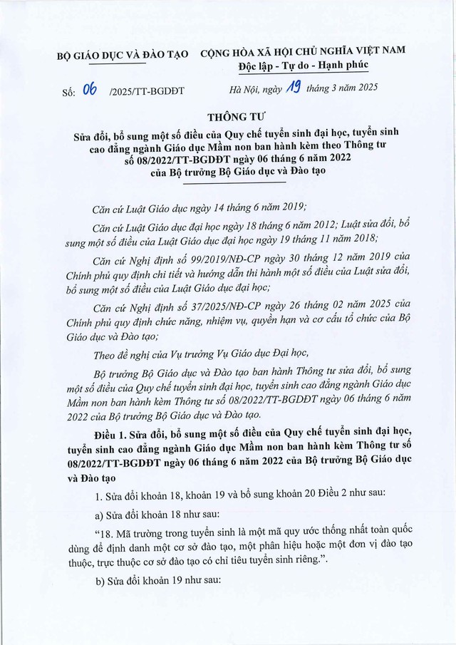 Thông tư 06/2025/TT-BGDĐT sửa đổi, bổ sung Quy chế tuyển sinh đại học, tuyển sinh cao đẳng Giáo dục Mầm non- Ảnh 2.