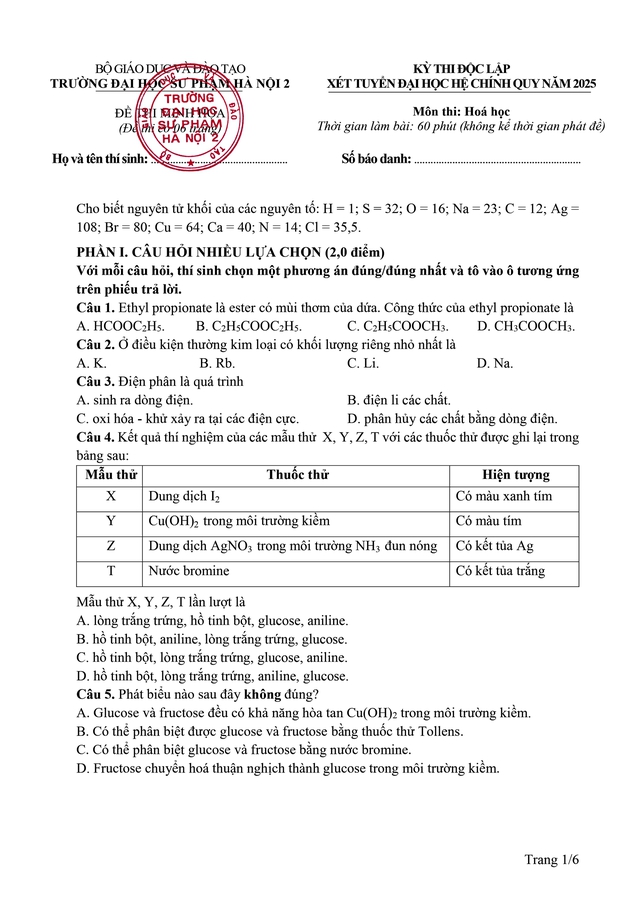 Đề minh họa môn Hóa Học kỳ thi độc lập tuyển sinh của Trường ĐHSP Hà Nội 2 năm 2025- Ảnh 1.