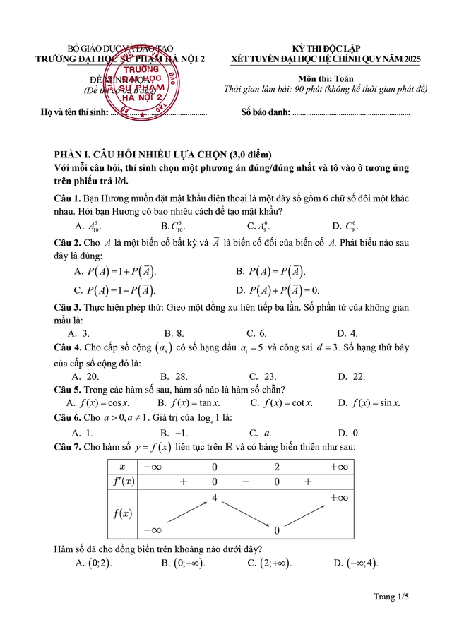 Đề minh họa môn Toán kỳ thi độc lập tuyển sinh của Trường ĐHSP Hà Nội 2 năm 2025- Ảnh 1.