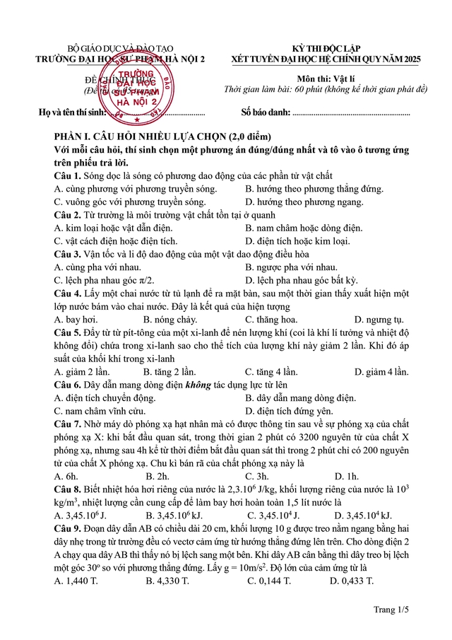 Đề minh họa môn Vật Lý kỳ thi độc lập tuyển sinh của Trường ĐHSP Hà Nội 2 năm 2025- Ảnh 1.