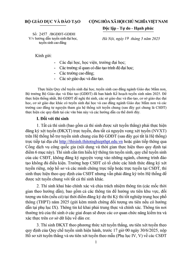 Công văn 2457/BGDĐT-GDĐH hướng dẫn tuyển sinh đại học, cao đẳng năm 2025- Ảnh 1. Công văn 2457/BGDĐT-GDĐH hướng dẫn tuyển sinh đại học, cao đẳng năm 2025- Ảnh 1.