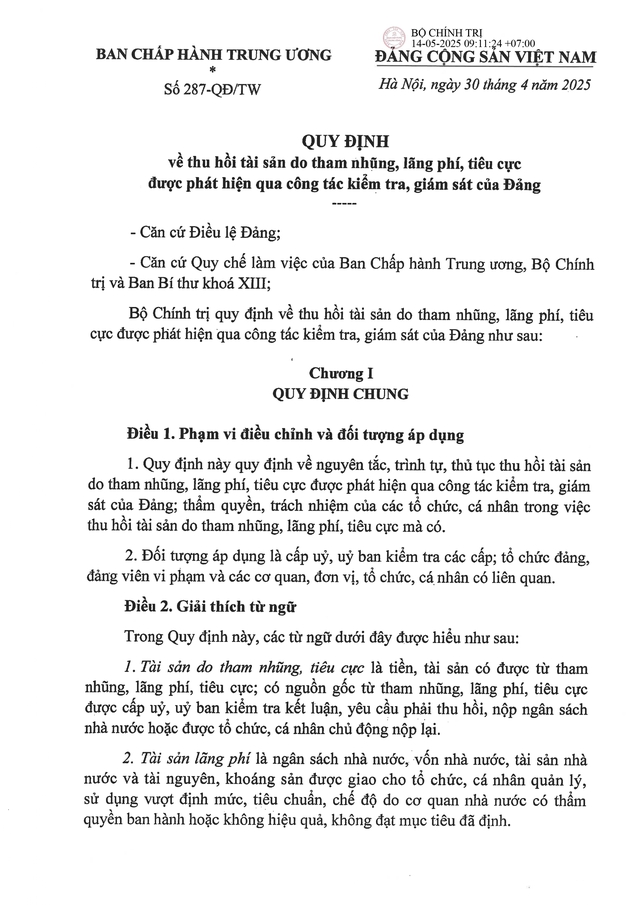 TOÀN VĂN: Quy định 287-QĐ/TW về thu hồi tài sản do tham nhũng, lãng phí, tiêu cực- Ảnh 1. TOÀN VĂN: Quy định 287-QĐ/TW về thu hồi tài sản do tham nhũng, lãng phí, tiêu cực- Ảnh 1.