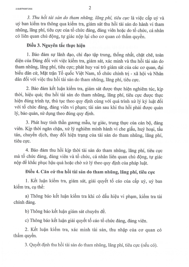 TOÀN VĂN: Quy định 287-QĐ/TW về thu hồi tài sản do tham nhũng, lãng phí, tiêu cực- Ảnh 2. TOÀN VĂN: Quy định 287-QĐ/TW về thu hồi tài sản do tham nhũng, lãng phí, tiêu cực- Ảnh 2.