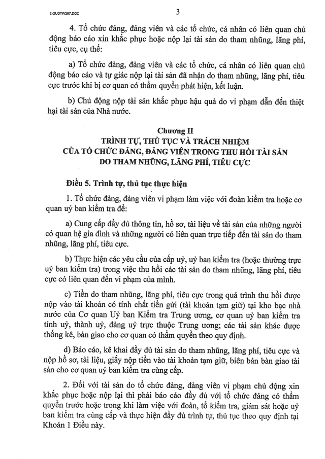 TOÀN VĂN: Quy định 287-QĐ/TW về thu hồi tài sản do tham nhũng, lãng phí, tiêu cực- Ảnh 3. TOÀN VĂN: Quy định 287-QĐ/TW về thu hồi tài sản do tham nhũng, lãng phí, tiêu cực- Ảnh 3.