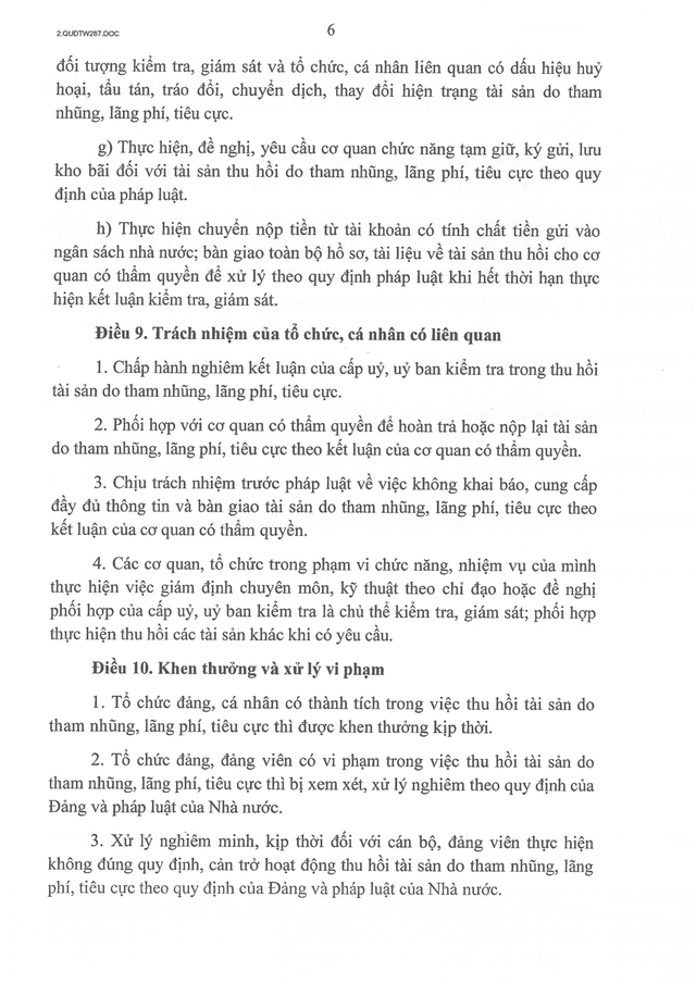 TOÀN VĂN: Quy định 287-QĐ/TW về thu hồi tài sản do tham nhũng, lãng phí, tiêu cực- Ảnh 6. TOÀN VĂN: Quy định 287-QĐ/TW về thu hồi tài sản do tham nhũng, lãng phí, tiêu cực- Ảnh 6.