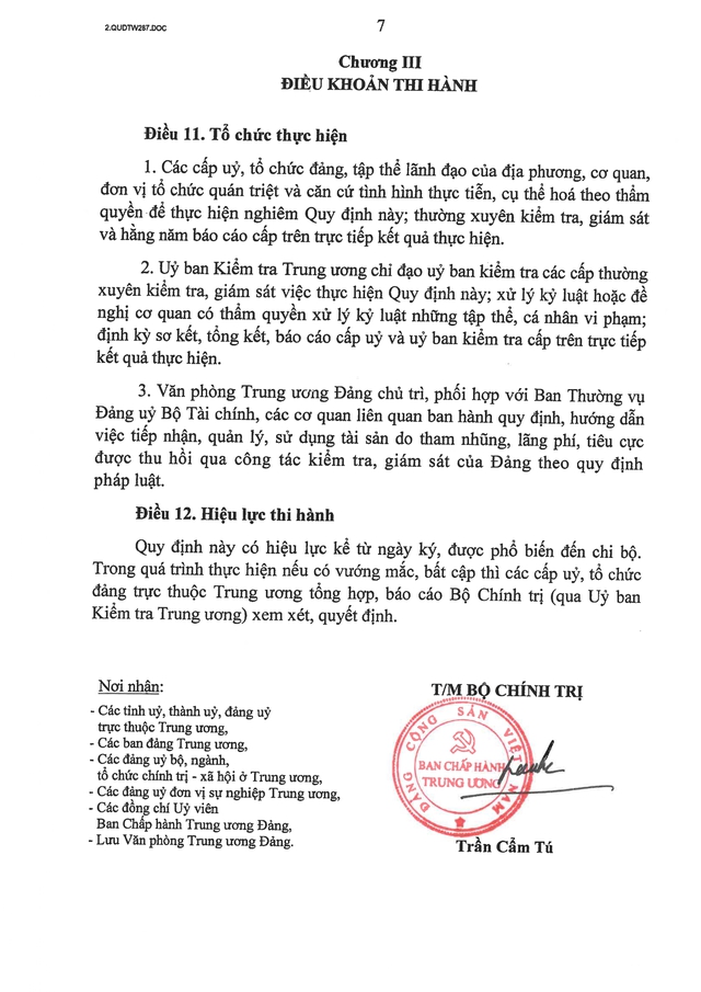 TOÀN VĂN: Quy định 287-QĐ/TW về thu hồi tài sản do tham nhũng, lãng phí, tiêu cực- Ảnh 7. TOÀN VĂN: Quy định 287-QĐ/TW về thu hồi tài sản do tham nhũng, lãng phí, tiêu cực- Ảnh 7.