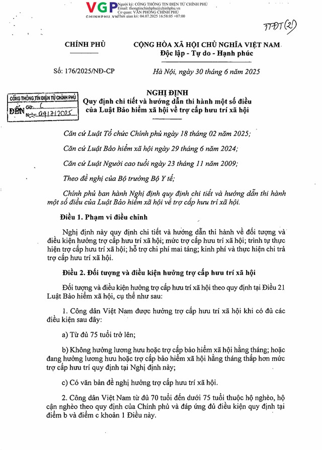 TOÀN VĂN: Nghị định 176/2025/NĐ-CP về trợ cấp hưu trí xã hội- Ảnh 2. TOÀN VĂN: Nghị định 176/2025/NĐ-CP về trợ cấp hưu trí xã hội- Ảnh 2.