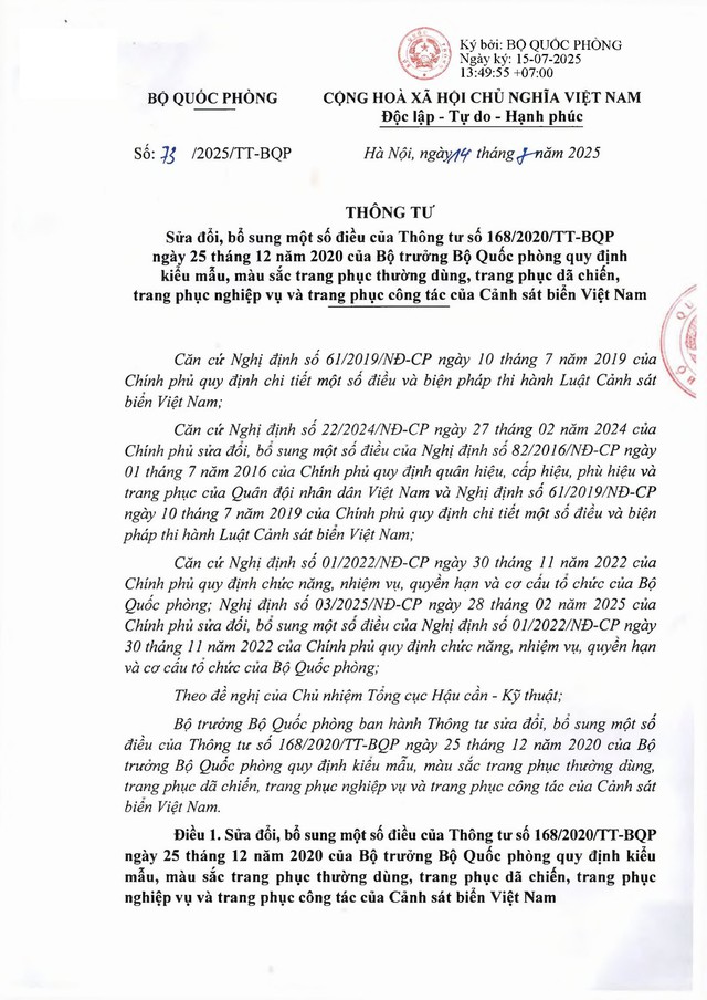 Thông tư 73/2025/TT-BQP: Sửa đổi, bổ sung quy định về trang phục của Cảnh sát biển Việt Nam- Ảnh 1. Thông tư 73/2025/TT-BQP: Sửa đổi, bổ sung quy định về trang phục của Cảnh sát biển Việt Nam- Ảnh 1.