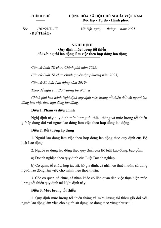 TOÀN VĂN: Dự thảo Nghị định quy định mức lương tối thiểu đối với người lao động làm việc theo hợp đồng lao động- Ảnh 1.
