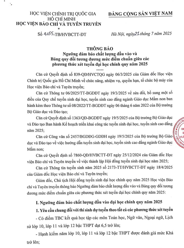 Điểm sàn tuyển sinh năm 2025 của Học viện Báo chí và Tuyên truyền- Ảnh 1. Điểm sàn tuyển sinh năm 2025 của Học viện Báo chí và Tuyên truyền- Ảnh 1.