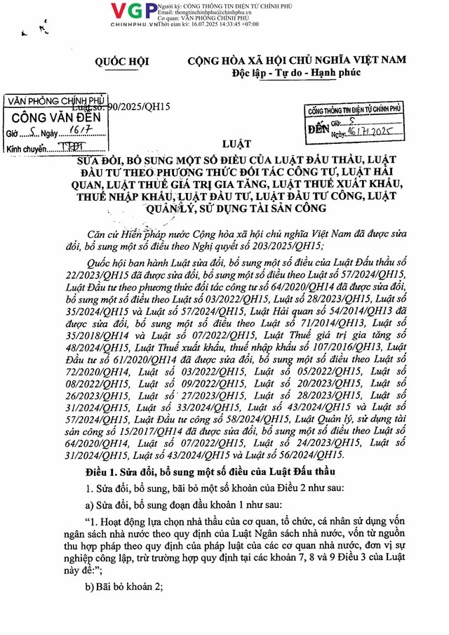 TOÀN VĂN: Luật số 90/2025/QH15 sửa đổi, bổ sung các luật về đấu thầu; đầu tư; hải quan; thuế; tài sản công- Ảnh 1. TOÀN VĂN: Luật số 90/2025/QH15 sửa đổi, bổ sung các luật về đấu thầu; đầu tư; hải quan; thuế; tài sản công- Ảnh 1.