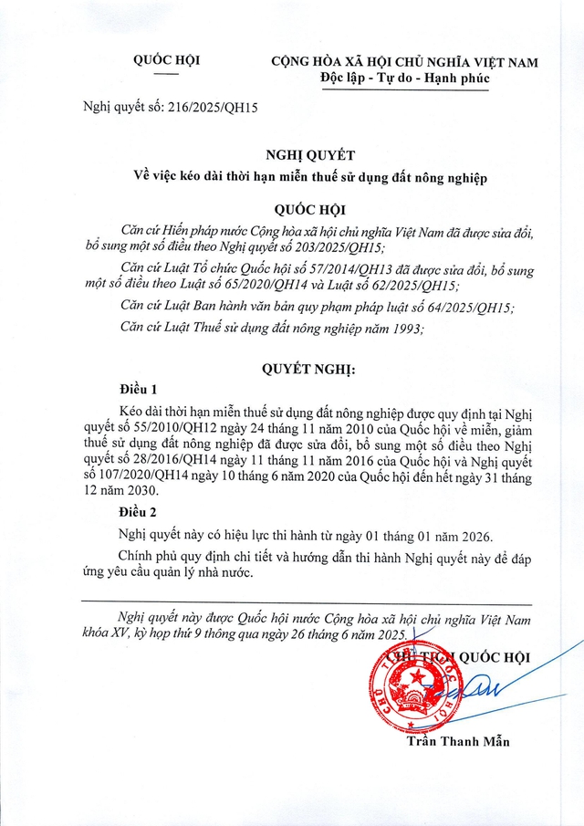 Nghị quyết 216/2025/QH15 kéo dài thời hạn miễn thuế sử dụng đất nông nghiệp- Ảnh 1.