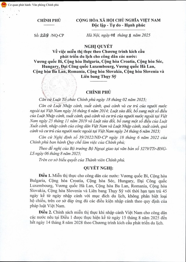 Nghị quyết 229/NQ-CP: Miễn thị thực theo Chương trình kích cầu phát triển du lịch cho công dân 12 nước- Ảnh 1.