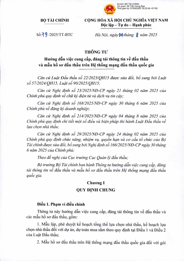 Thông tư số 79/2025/TT-BTC hướng dẫn cung cấp, đăng tải thông tin về đấu thầu; mẫu hồ sơ đấu thầu trên Hệ thống mạng đấu thầu quốc gia- Ảnh 1. Thông tư số 79/2025/TT-BTC hướng dẫn cung cấp, đăng tải thông tin về đấu thầu; mẫu hồ sơ đấu thầu trên Hệ thống mạng đấu thầu quốc gia- Ảnh 1.