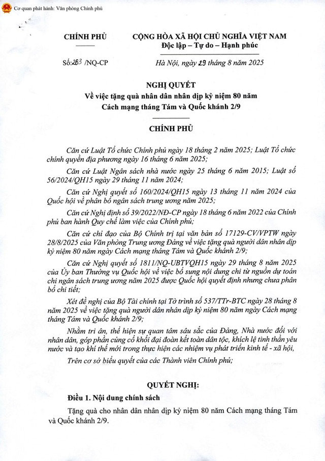 TOÀN VĂN: Nghị quyết 263/NQ-CP tặng quà nhân dân nhân dịp kỷ niệm 80 năm Cách mạng tháng Tám và Quốc khánh 2/9- Ảnh 2.