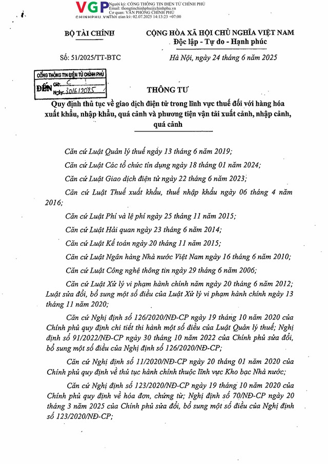 Thông tư 51/2025/TT-BTC quy định thủ tục giao dịch điện tử trong lĩnh vực thuế đối với hàng hóa xuất khẩu, nhập khẩu, quá cảnh...- Ảnh 2.