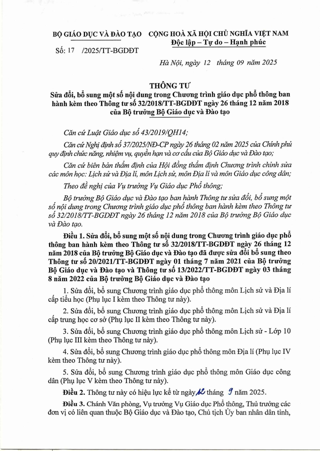 Thông tư số 17/2025/TT-BGDĐT sửa đổi, bổ sung một số nội dung trong Chương trình giáo dục phổ thông- Ảnh 1.