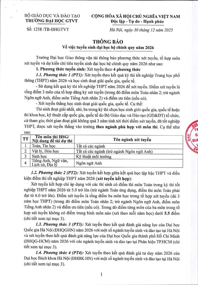 Phương thức, chỉ tiêu tuyển sinh 2026 của Trường Đại học Giao thông vận tải- Ảnh 1.