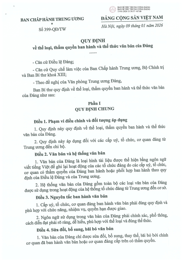 Quy định số 399-QĐ/TW của Ban Bí thư về thể loại, thẩm quyền ban hành và thể thức văn bản của Đảng- Ảnh 2.