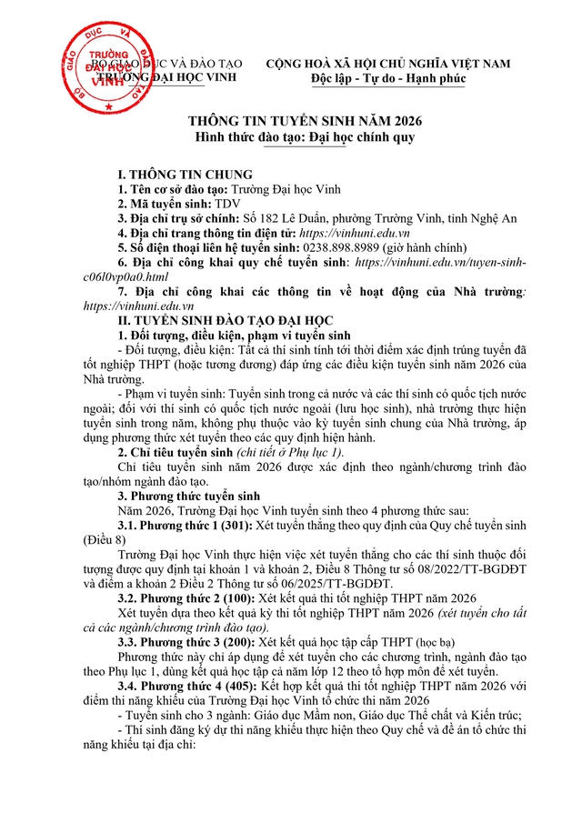 Trường Đại học Vinh thông báo tuyển sinh 2026 hệ đại học chính quy- Ảnh 1.