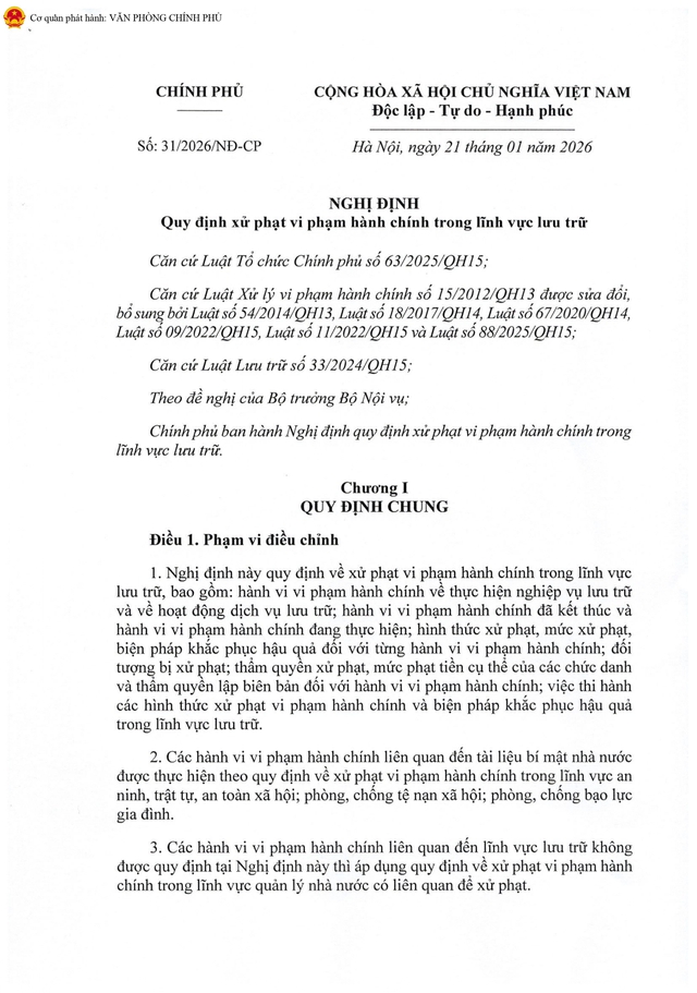 TOÀN VĂN: Nghị định 31/2026/NĐ-CP quy định xử phạt vi phạm hành chính trong lĩnh vực lưu trữ- Ảnh 1. TOÀN VĂN: Nghị định 31/2026/NĐ-CP quy định xử phạt vi phạm hành chính trong lĩnh vực lưu trữ- Ảnh 1.