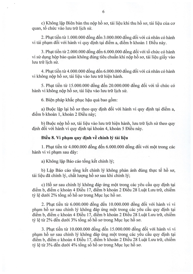 TOÀN VĂN: Nghị định 31/2026/NĐ-CP quy định xử phạt vi phạm hành chính trong lĩnh vực lưu trữ- Ảnh 6. TOÀN VĂN: Nghị định 31/2026/NĐ-CP quy định xử phạt vi phạm hành chính trong lĩnh vực lưu trữ- Ảnh 6.