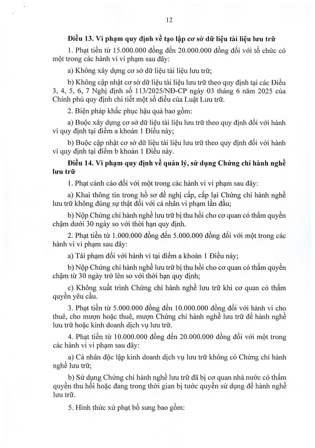 TOÀN VĂN: Nghị định 31/2026/NĐ-CP quy định xử phạt vi phạm hành chính trong lĩnh vực lưu trữ- Ảnh 12. TOÀN VĂN: Nghị định 31/2026/NĐ-CP quy định xử phạt vi phạm hành chính trong lĩnh vực lưu trữ- Ảnh 12.