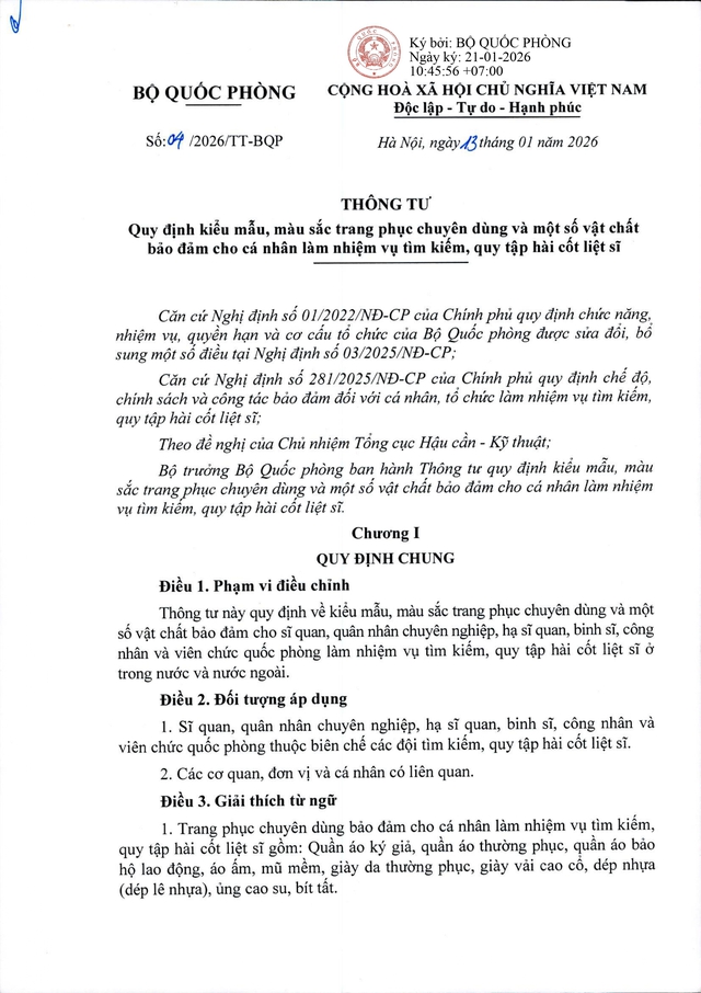 Thông tư 04/2026/TT-BQP quy định trang phục chuyên dùng và một số vật chất cho cá nhân làm nhiệm vụ tìm kiếm, quy tập hài cốt liệt sĩ- Ảnh 1. Thông tư 04/2026/TT-BQP quy định trang phục chuyên dùng và một số vật chất cho cá nhân làm nhiệm vụ tìm kiếm, quy tập hài cốt liệt sĩ- Ảnh 1.