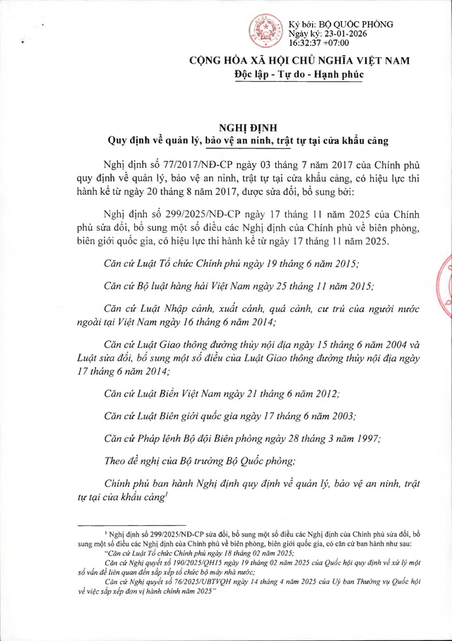 Văn bản hợp nhất số 16/VBHN-BQP: Nghị định quy định quản lý, bảo vệ an ninh, trật tự tại cửa khẩu cảng- Ảnh 1.