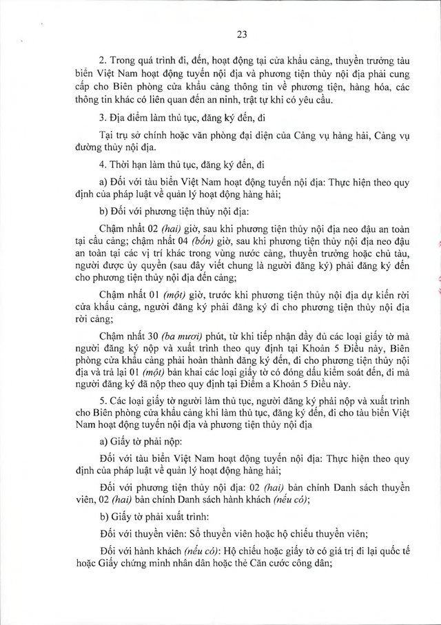 Văn bản hợp nhất số 16/VBHN-BQP: Nghị định quy định quản lý, bảo vệ an ninh, trật tự tại cửa khẩu cảng- Ảnh 23.