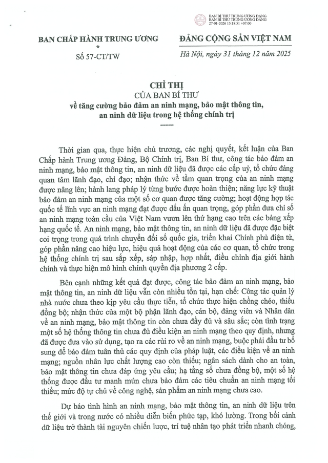 Chỉ thị 57-CT/TW của Ban Bí thư về tăng cường bảo đảm an ninh mạng, bảo mật thông tin, an ninh dữ liệu trong hệ thống chính trị- Ảnh 1.