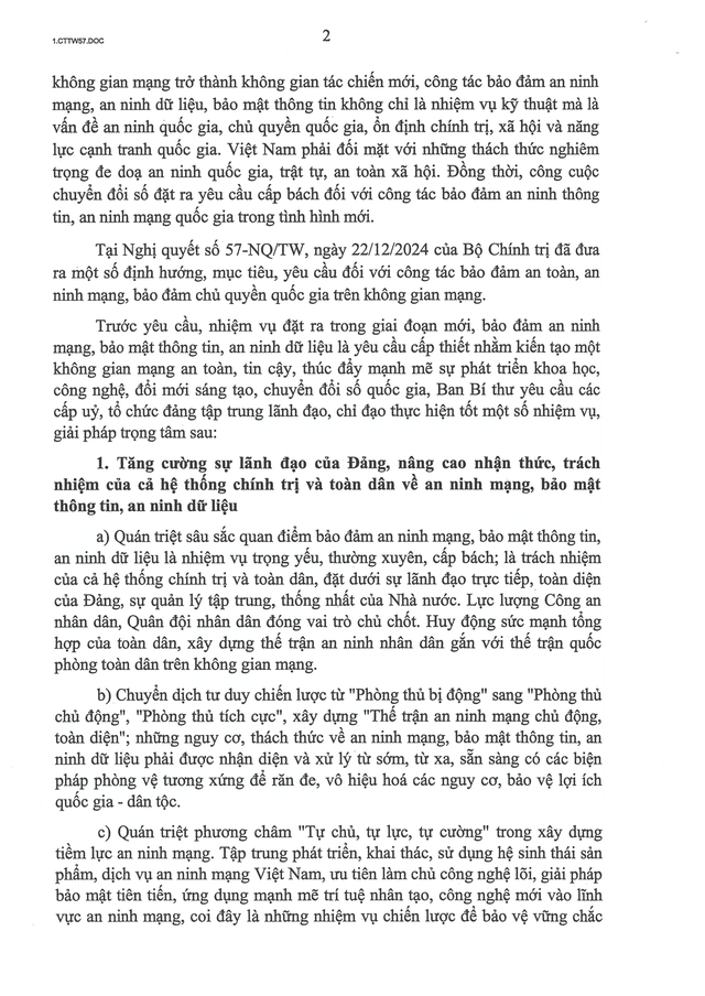 Chỉ thị 57-CT/TW của Ban Bí thư về tăng cường bảo đảm an ninh mạng, bảo mật thông tin, an ninh dữ liệu trong hệ thống chính trị- Ảnh 2.