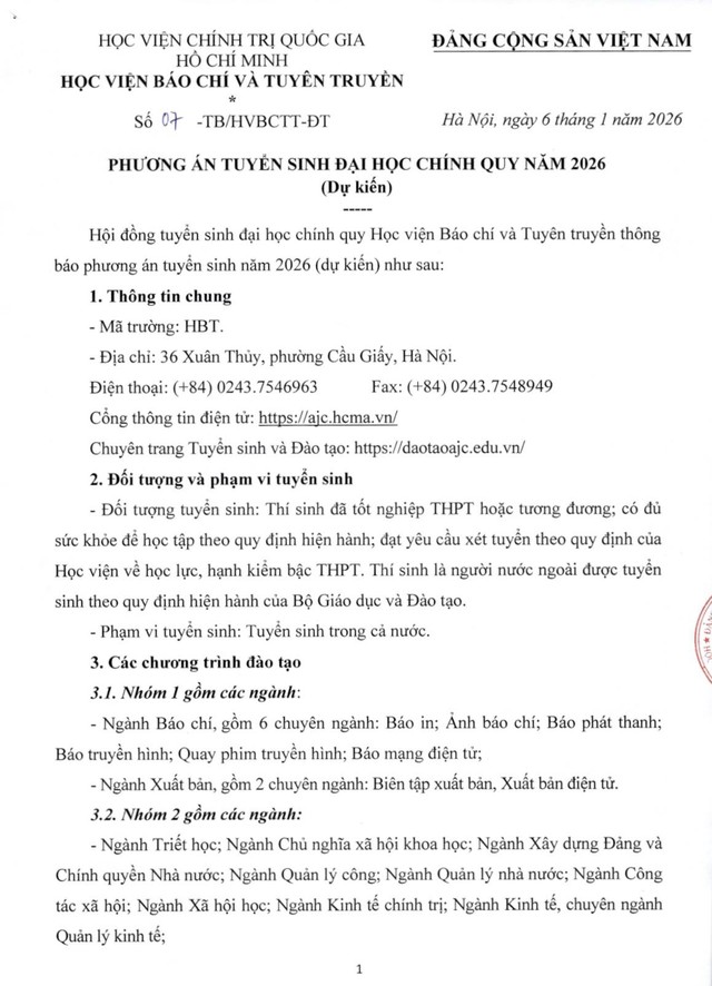 Dự kiến phương án tuyển sinh của Học viện Báo chí và Tuyên truyền (AJC) năm 2026- Ảnh 1. Dự kiến phương án tuyển sinh của Học viện Báo chí và Tuyên truyền (AJC) năm 2026- Ảnh 1.