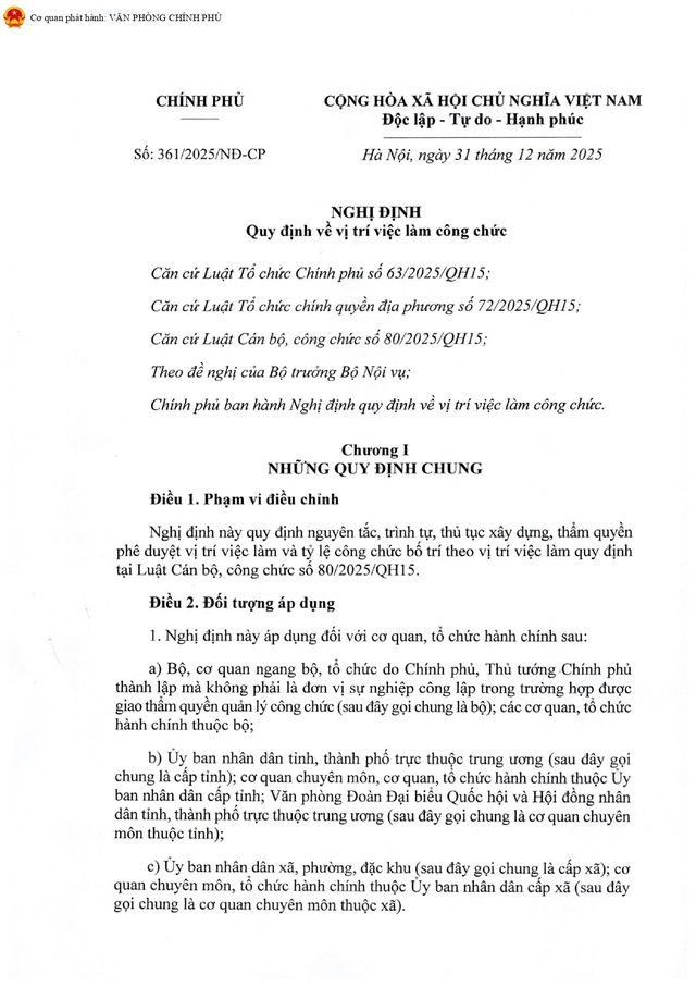 TOÀN VĂN: Nghị định 361/2025/NĐ-CР quy định về vị trí việc làm công chức- Ảnh 1.