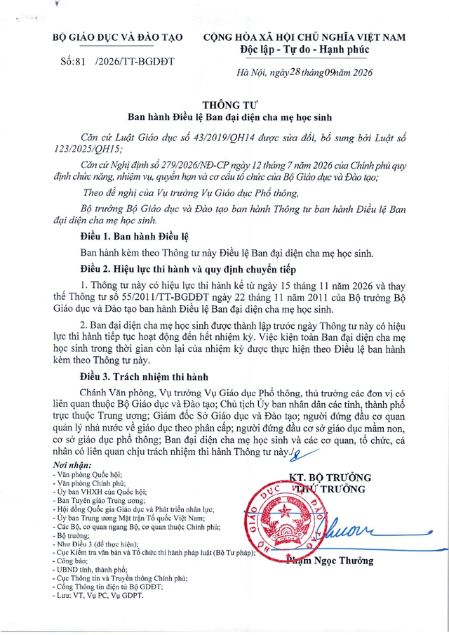 Thông tư số 81/2026/TT-BGDĐT ban hành Điều lệ Ban đại diện cha mẹ học sinh- Ảnh 2.