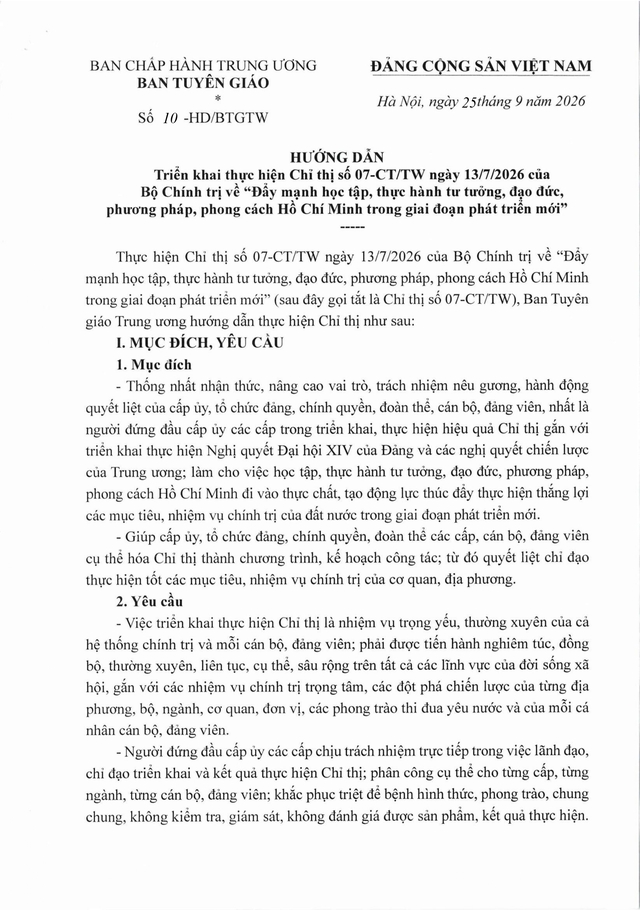 Hướng dẫn số 10-HD/BTGTW triển khai thực hiện Chỉ thị về "Đẩy mạnh học tập, thực hành tư tưởng, đạo đức, phương pháp, phong cách Hồ Chí Minh trong giai đoạn phát triển mới"- Ảnh 1.