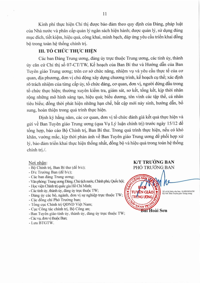 Hướng dẫn số 10-HD/BTGTW triển khai thực hiện Chỉ thị về "Đẩy mạnh học tập, thực hành tư tưởng, đạo đức, phương pháp, phong cách Hồ Chí Minh trong giai đoạn phát triển mới"- Ảnh 11.