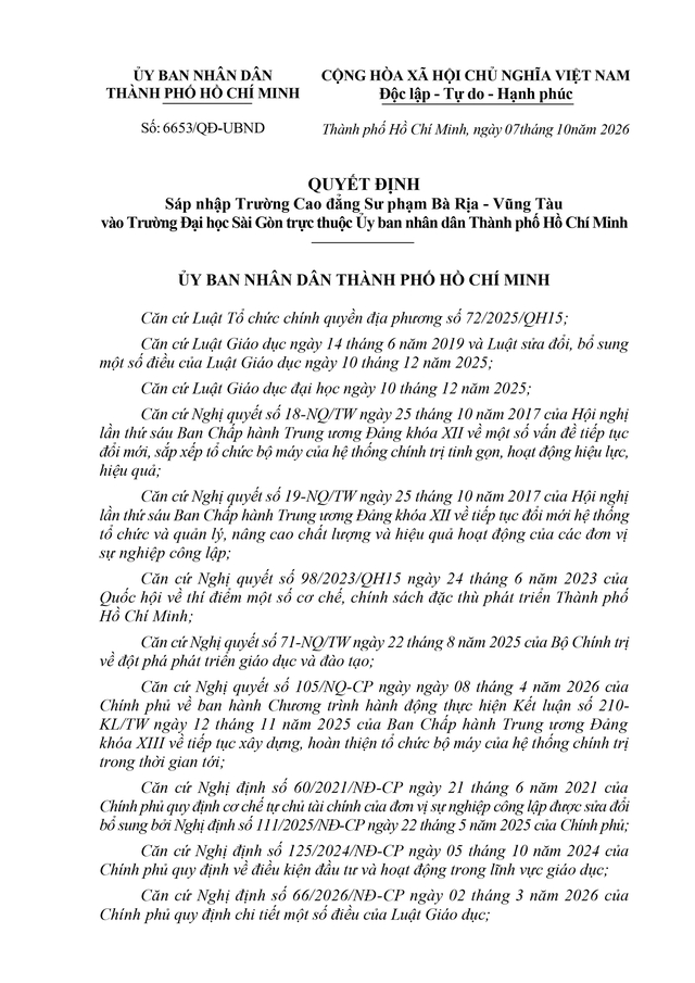 Sáp nhập Trường CĐSP Bà Rịa - Vũng Tàu vào Trường Đại học Sài Gòn trực thuộc UBND TP HCM- Ảnh 1.