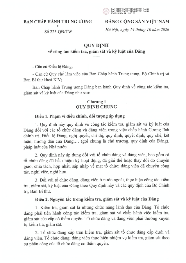 TOÀN VĂN: Quy định số 225/QĐ/TW về công tác kiểm tra, giám sát và kỷ luật của Đảng- Ảnh 1.
