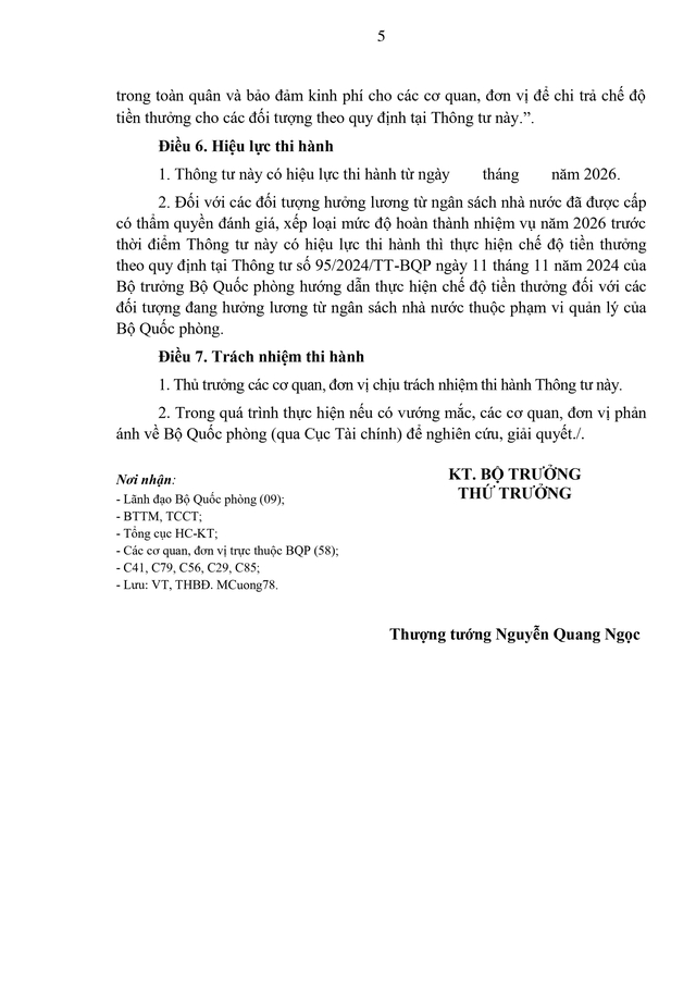Dự thảo Thông tư sửa đổi, bổ sung quy định về tiền thưởng cho người hưởng lương từ ngân sách thuộc Bộ Quốc phòng- Ảnh 7.
