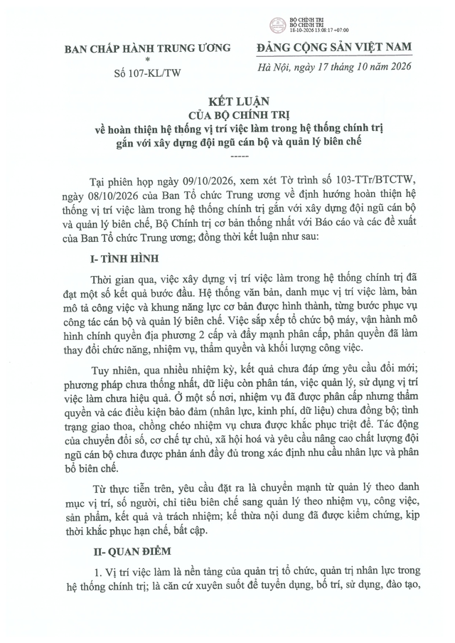 Kết luận số 107-KL/TW về hoàn thiện hệ thống vị trí việc làm gắn với xây dựng đội ngũ cán bộ, quản lý biên chế- Ảnh 1.