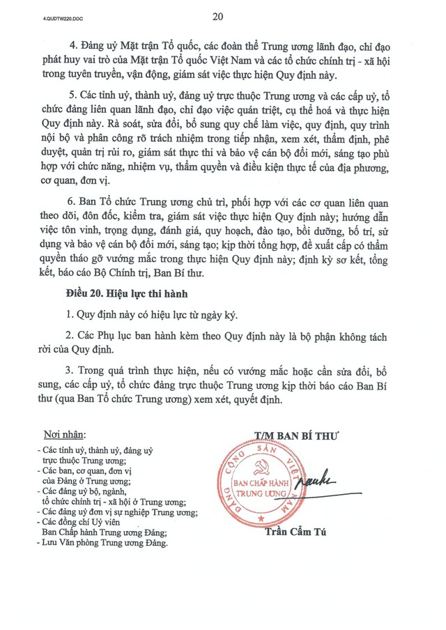 Quy định số 220-QĐ/TW của Ban Bí thư về cơ chế tôn vinh, trọng dụng và bảo vệ cán bộ dám nghĩ, dám làm- Ảnh 20.