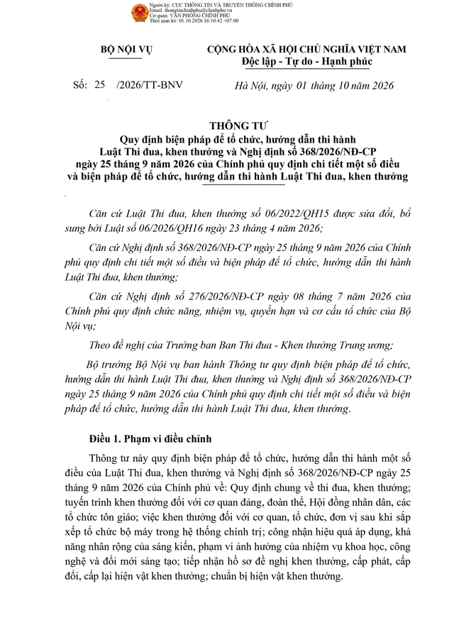 Thông tư 25/2026/TT-BNV hướng dẫn thi hành Luật Thi đua, khen thưởng - Ảnh 1.
