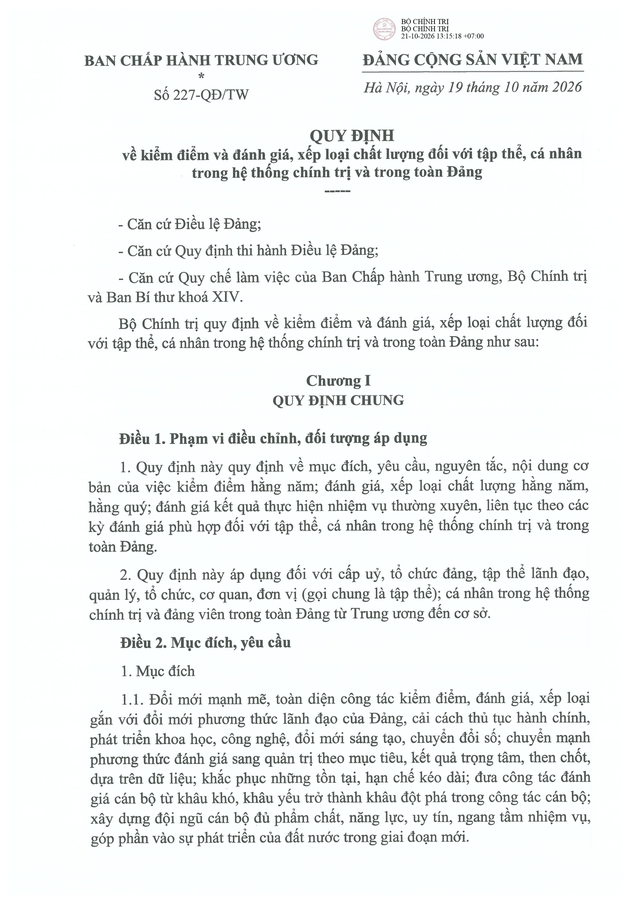 TOÀN VĂN: Quy định 227-QĐ/TW về kiểm điểm và đánh giá, xếp loại chất lượng đối với tập thể, cá nhân- Ảnh 1.