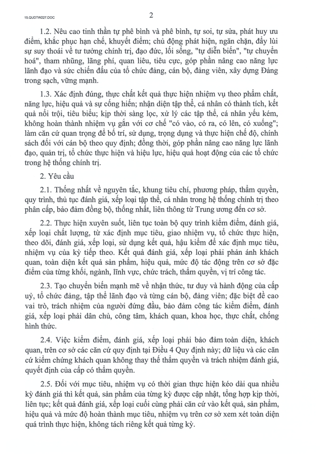 TOÀN VĂN: Quy định 227-QĐ/TW về kiểm điểm và đánh giá, xếp loại chất lượng đối với tập thể, cá nhân- Ảnh 2.