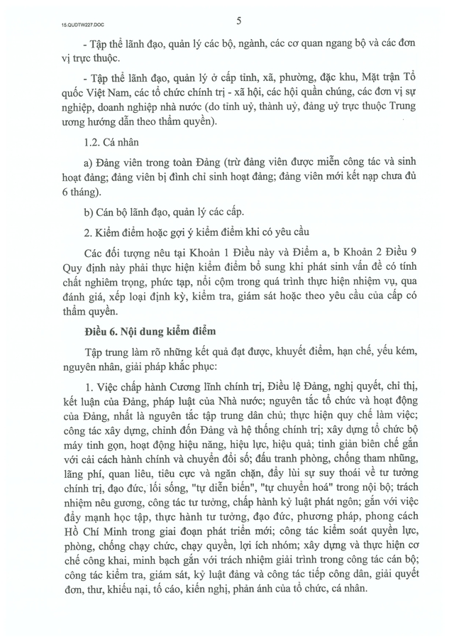 TOÀN VĂN: Quy định 227-QĐ/TW về kiểm điểm và đánh giá, xếp loại chất lượng đối với tập thể, cá nhân- Ảnh 5.