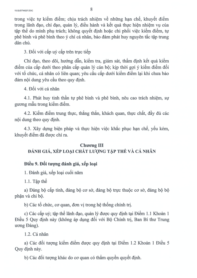 TOÀN VĂN: Quy định 227-QĐ/TW về kiểm điểm và đánh giá, xếp loại chất lượng đối với tập thể, cá nhân- Ảnh 8.