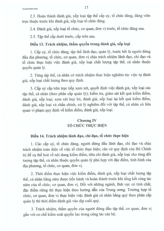 TOÀN VĂN: Quy định 227-QĐ/TW về kiểm điểm và đánh giá, xếp loại chất lượng đối với tập thể, cá nhân- Ảnh 17.